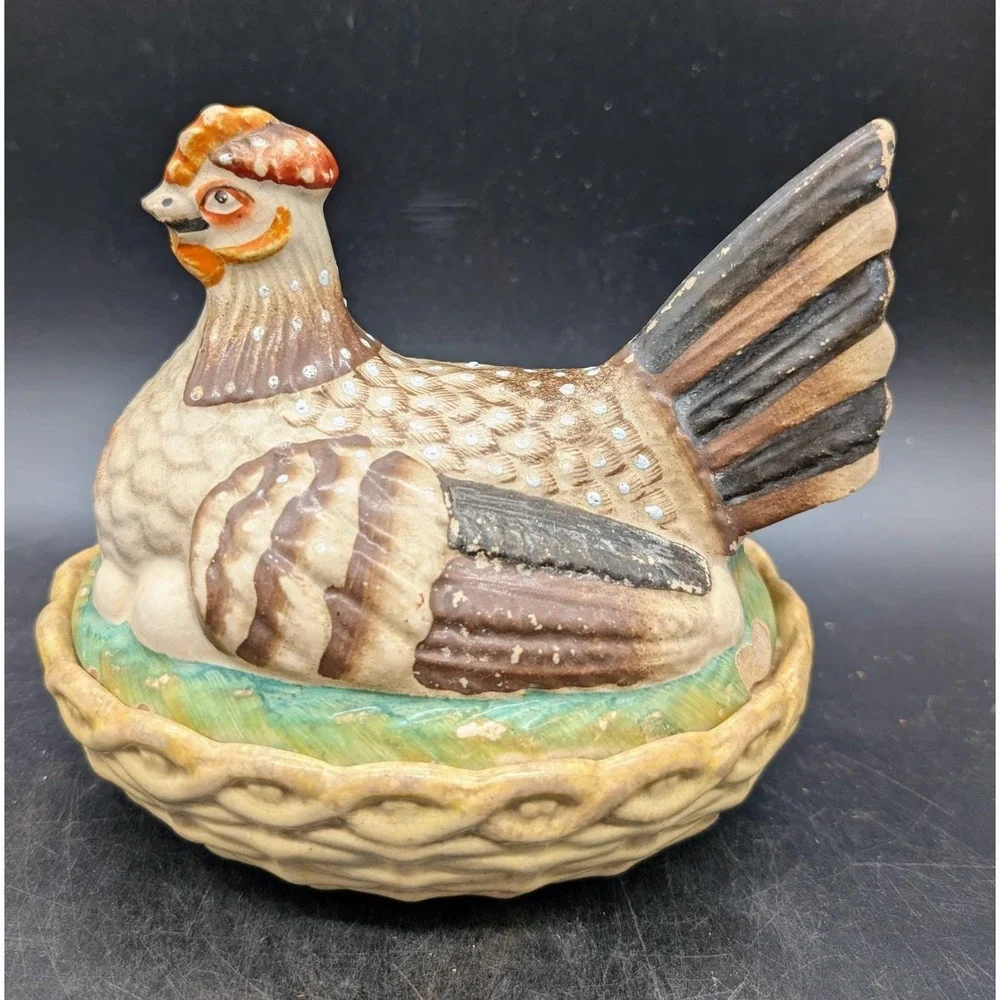 Antique Staffordshire Ceramic Hen on Nest Covered Dish Hand Painted As Is 6